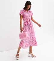 New Look Pink Wavy Collared Tie Front Ruffle Hem Midi Shirt Dress